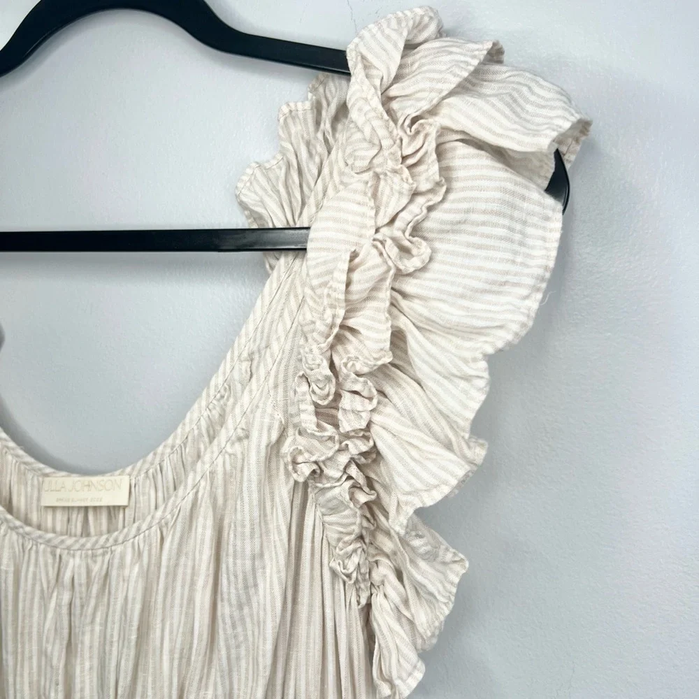 Ulla Johnson Size 6 • Rissa Linen Striped Ruffle Nap Midi Dress. - Picture 4 of 6